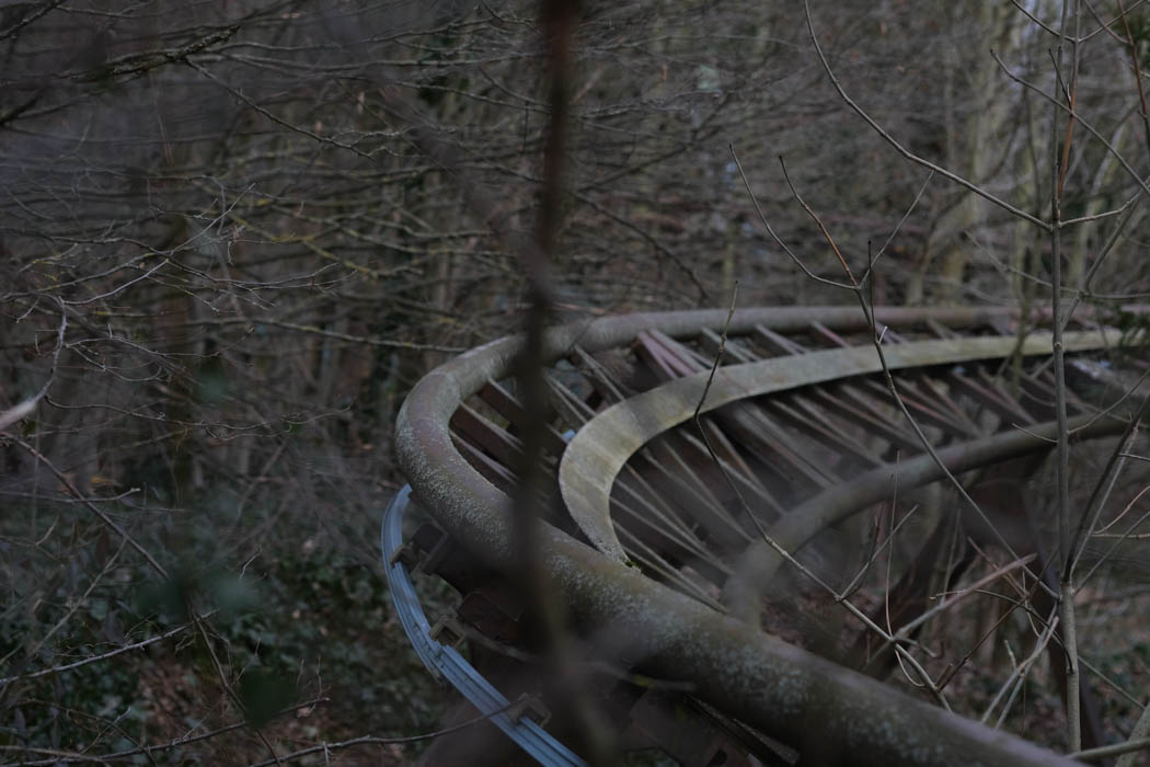 An old roller coaster track curving through the forest